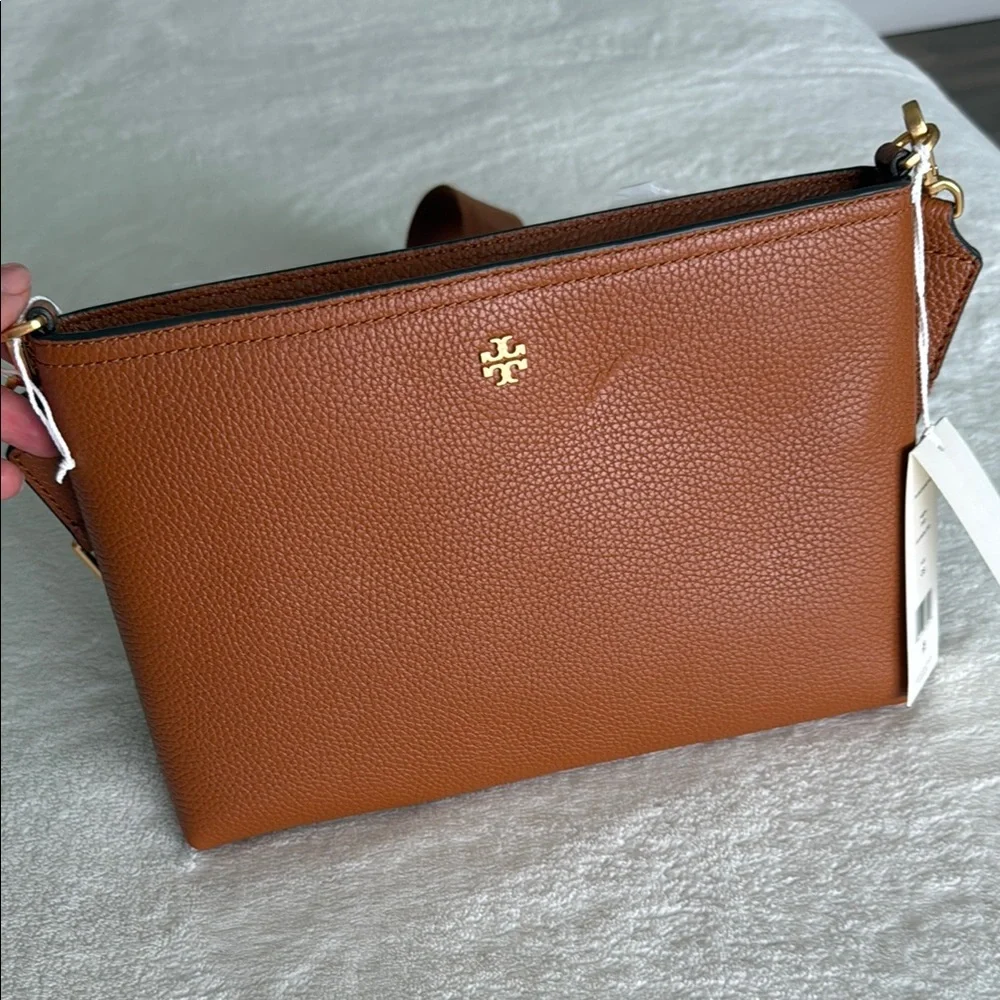 Tory Burch Pebbled Leather Crossbody in Cognac Brown with Gold Logo